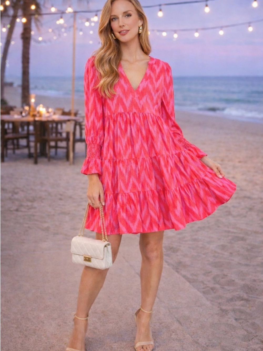 Pomander Place Pink Ikat Tiered Mini Dress XS Boho Flowy